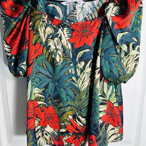 Zara Blouse Top Women's SZ S Floral Print Tropical Puff Sle Festival Chic Boho - Picture 4 of 10
